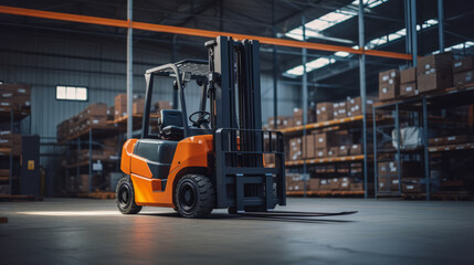 Orange forklift in motion inside a warehouse, dynamic logistics concept. Generative AI