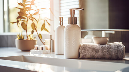Neutral-toned bathroom accessories with natural lighting and plant decor. Serenity and cleanliness concept. Generative AI - obrazy, fototapety, plakaty