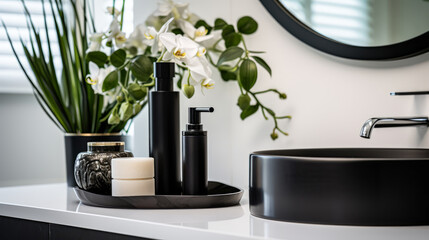 Sophisticated black bathroom accessories with orchid and round mirror. Elegance and luxury concept....