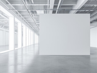Contemporary art gallery with blank walls and industrial ceiling on a bright day. Generative AI