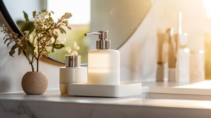 Warm sunlight bathing bathroom essentials on a white countertop. Natural beauty and wellness concept. Generative AI