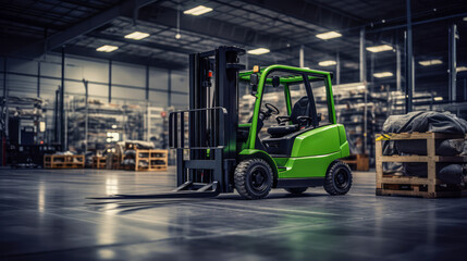 Green forklift in a warehouse, industrial equipment on concrete floor. Logistics concept. Generative AI
