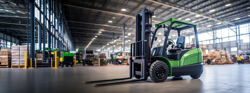 Green forklift at rest in a spacious warehouse, logistics and distribution concept. Generative AI