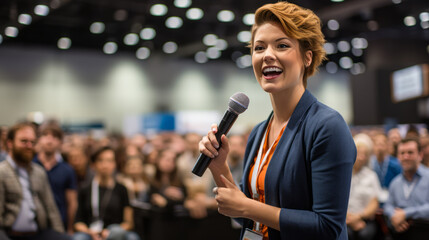 Smiling woman with microphone presenting at a professional conference, audience in background. Generative AI - obrazy, fototapety, plakaty