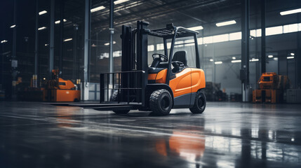 Orange forklift in a dimly lit warehouse, industrial machinery concept. Generative AI