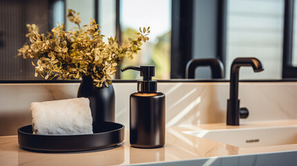 Elegant bathroom setup with black soap dispenser and golden details. Sophisticated style. Generative AI
