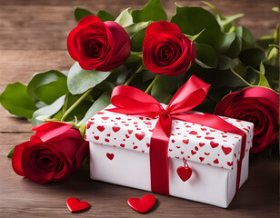 box with red ribbon ,red rose hearts, valentine's day concept,Generative Ai