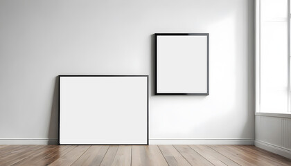 Mockup-of-a-square-black-frame-leaning-in-a-white-interior-with-a-hardwood-floor