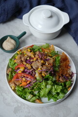 garden salad. romaine lettuce, shaved carrots, purple cabbage, cucumber, tomato slices, bell pepper slices. grilled chicken breast. mayonnaise dressing.