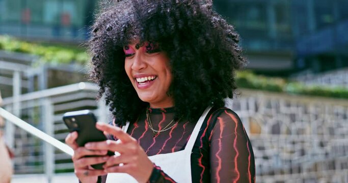 Wow, phone or woman in city on social media to chat on meme post, website or notification. Mobile app, surprise or happy influencer with smile in street for texting online, laughing or reading news
