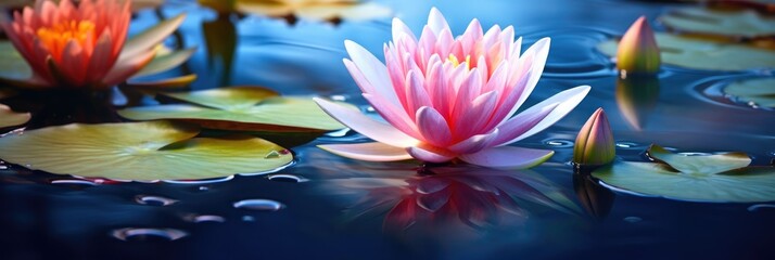 beautiful lotus flower is complimented by the rich colors of the deep blue water surface. - obrazy, fototapety, plakaty