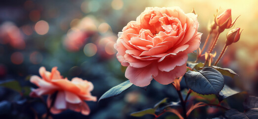 Delicate pink rose glows under the gentle morning sunlight, radiating natural elegance.