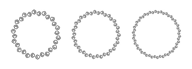 Obraz premium Round frame made of animal paw prints outline silhouette set. Cute dog paw print track trail border collection. Vector illustration