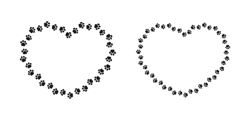 Heart shaped frame made of animal paw prints with empty space for your text and images. Cute Valentines, animal lover dog paw print border. © Aletheia Shade