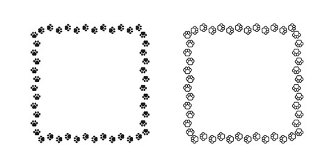 Square frame made of animal paw prints silhouette and outline set. Cute dog paw print track trail border collection. Vector illustration © Aletheia Shade