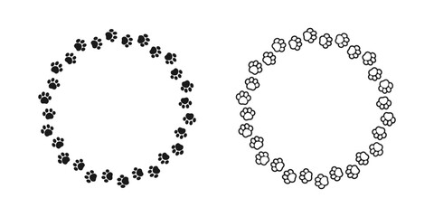Round frame made of animal paw prints silhouette and outline set. Cute dog paw print track trail border collection. Vector illustration © Aletheia Shade