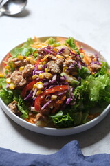 garden salad. romaine lettuce, shaved carrots, purple cabbage, cucumber, tomato slices, bell pepper slices. grilled chicken breast. mayonnaise dressing.