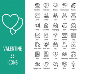 Valentines icon set. Containing love email, dinner, love potion, heart, champagne, diary, home sweet, dress, relationship, falling in love, and romantic music. outline syle collection