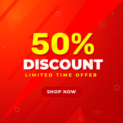 Fototapeta na wymiar 50 Percent Discount banner promotion template with 3D Text on red background. Special deal label design. Modern composition flat limited time discount background abstract vector.