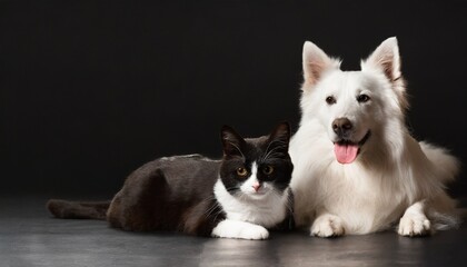 Black cat and white dog lying together on the floor. Banner with pets on black backgrounds