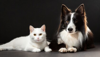 Black cat and white dog lying together on the floor. Banner with pets on black background