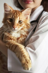 Ginger kitten on hands of professional veterinarian in cropped vertical view. Pet health care, veterinary and animals concept.