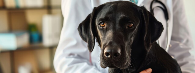 Black Labrador with professional veterinarian in vet clinic in cropped horizontal view. Pet health...