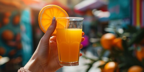 A woman hand holding a glass of orange juice first person view. Freshly orange juice rich in vitamin C for healthy life - obrazy, fototapety, plakaty