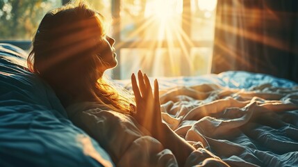 Woman stretching hands in bed after wake up in the morning, Concept of a new day and joyful weekend - obrazy, fototapety, plakaty