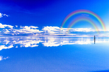ミラーレイク・ウユニ塩湖にかかる虹