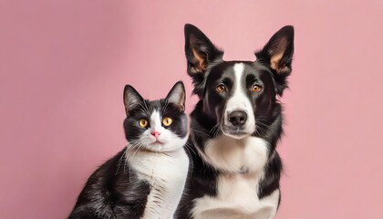 Black and white cat and dog sitting together on pink background. Banner with pets