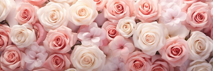Delicate blooming festive light pink roses and bright flowers, blossoming rose flower background