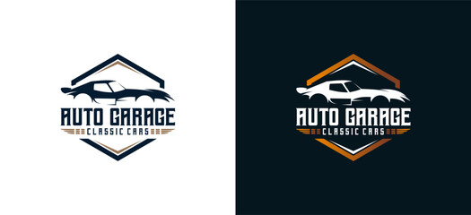 Classic car automotive garage logo, car repair shop logo - obrazy, fototapety, plakaty