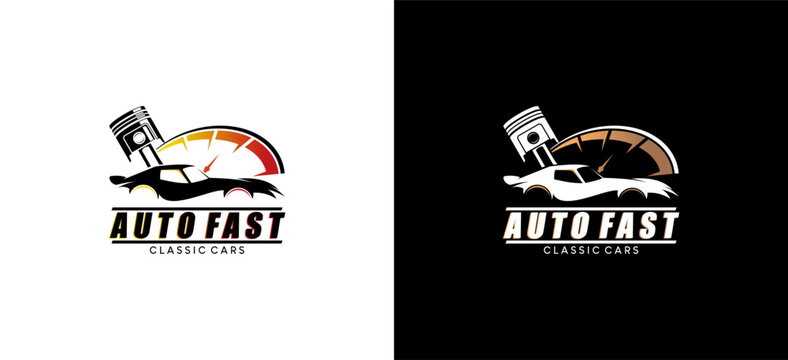 Fast classic car automotive logo, car rmp speed repair shop logo