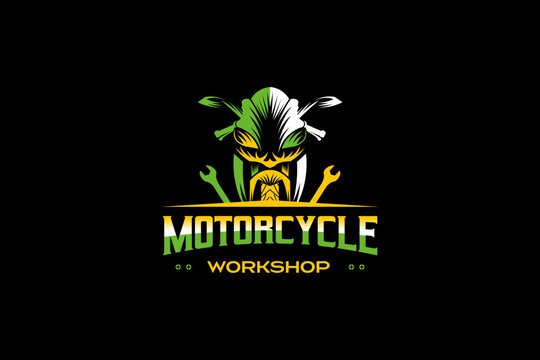 Colorful sports motorbike service and repair workshop logo design