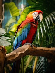 Obraz premium Colorful portrait of Amazon red macaw parrot against jungle. Wildlife and rainforest exotic tropical birds as popular pet breeds. Generative Ai