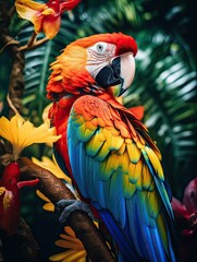 Fototapeta premium Colorful portrait of Amazon red macaw parrot against jungle. Wildlife and rainforest exotic tropical birds as popular pet breeds. Generative Ai