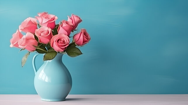 A blue vase with pink flowers on a light blue background with copy space, generative AI