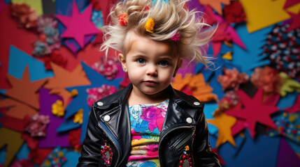 A toddler's carefree spirit is captured amidst a kaleidoscope of colors, with a tousled mohawk and a bright shirt that screams 90s fun and flair.