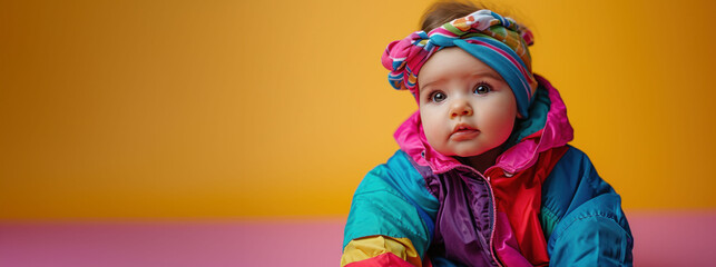 Fototapeta premium A young child dons a colorful outfit and headwrap, bringing back the vibrant fashion of the 90s. The contemplative gaze and bright colors capture a nostalgic yet timeless innocence.