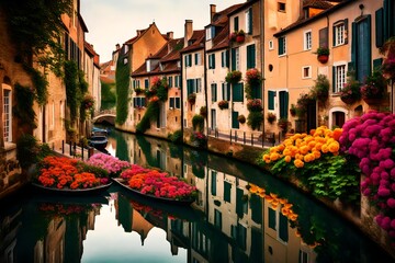 tranquil canal winding through an ancient town, lined with historic buildings adorned with colorful flowers, their reflections shimmering in the water