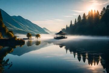 serene lakeside scene at sunrise, where mist hovers over the still water, reflecting the surrounding mountains and creating a tranquil travel moment