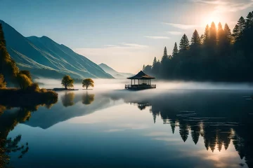 Foto op Plexiglas Reflectie serene lakeside scene at sunrise, where mist hovers over the still water, reflecting the surrounding mountains and creating a tranquil travel moment