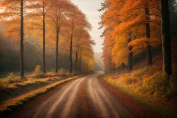 Naklejka na ściany i meble Beautiful autumn landscape with a forest road, generated by AI