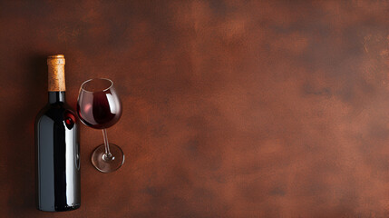 Bottle and glass of red wine on wooden background with copy space, generative ai