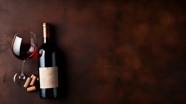 Bottle and glass of red wine on wooden background with copy space, generative ai