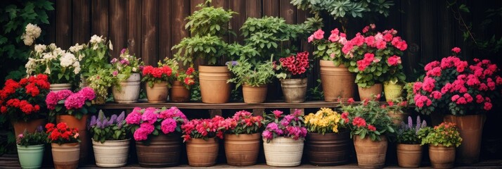 Many different potted flowers in wooden pots outdoors in garden