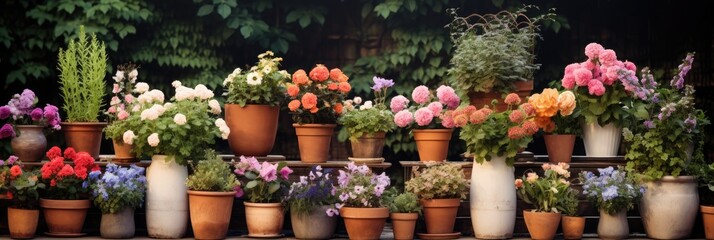Fototapeta na wymiar Many different potted flowers in wooden pots outdoors in garden