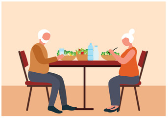 Healthy food for elderly couple concept, old man and woman eating healthy food, elderly care and  healthy aging vector illustration