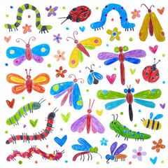 Doodle drawing by hand with colored pencils. Drawings with crayon. Insects, butterflies, dragonflies, beetles, ladybug, caterpillars, bees, mosquitoes, flies, flowers, hearts. 